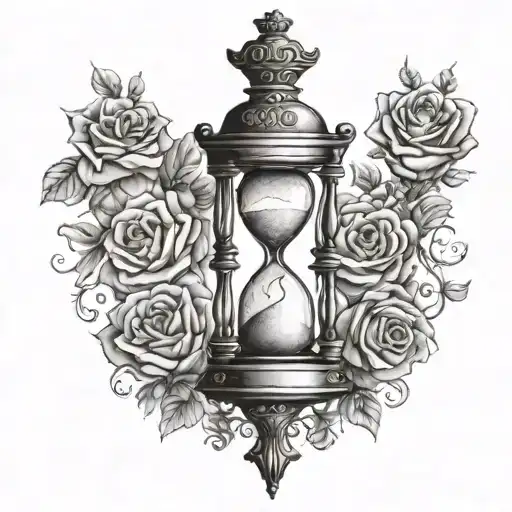 A black-grey design of a vintage Hourglass with hidden elements of Beauty and the Beast characters like Ms. Potts and Chip tattoo design idea
