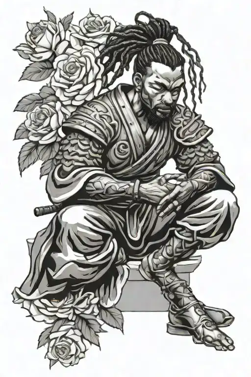 Black samurai with dreadlock ponytail meditating in rose garden tattoo design idea