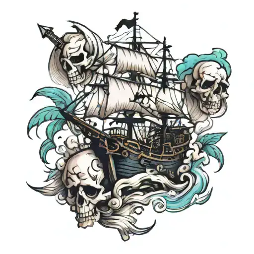pirate ship and skull tattoo design idea