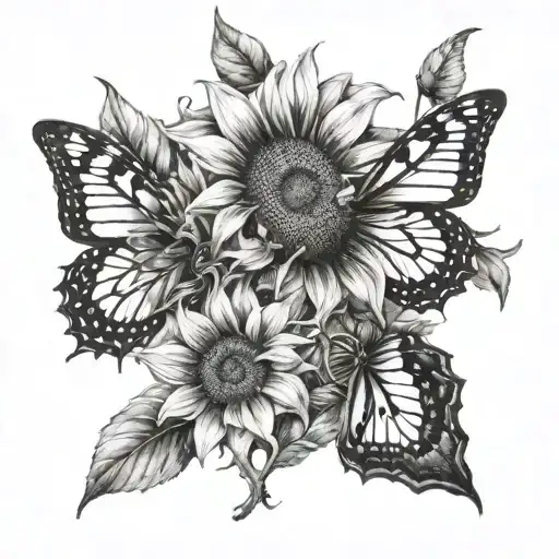 A realistic depiction of a sunflower and butterfly intertwined with the anti-possession symbol from Supernatural tattoo design idea