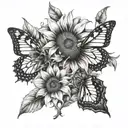 A realistic depiction of a sunflower and butterfly intertwined with the anti-possession symbol from Supernatural tattoo design idea