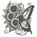 A realistic depiction of a sunflower and butterfly intertwined with the anti-possession symbol from Supernatural tattoo design idea