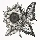 A realistic depiction of a sunflower and butterfly intertwined with the anti-possession symbol from Supernatural tattoo design idea