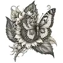 A realistic depiction of a sunflower and butterfly intertwined with the anti-possession symbol from Supernatural tattoo design idea