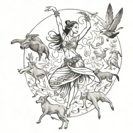A sketch of a graceful dancer surrounded by various animals, representing the beauty of movement and wildlife tattoo design idea
