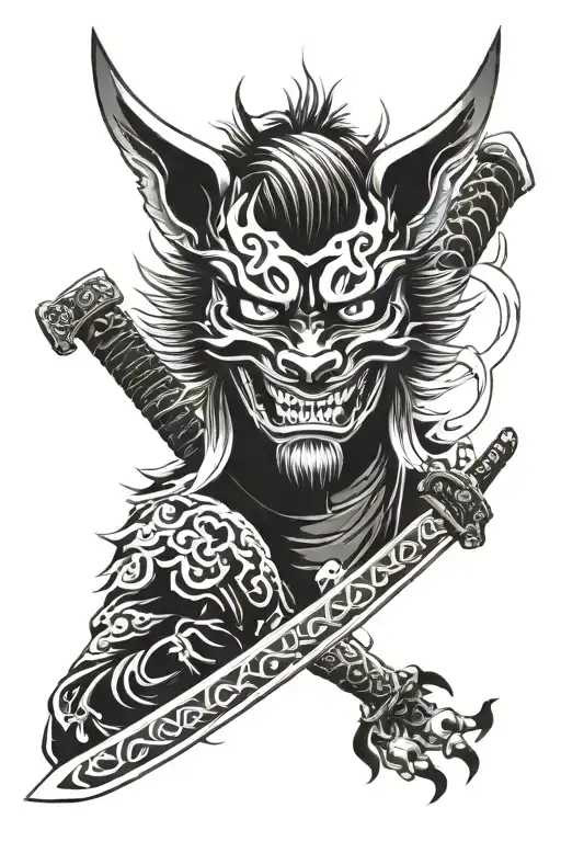 oni kitsune mask katana tattoo design idea