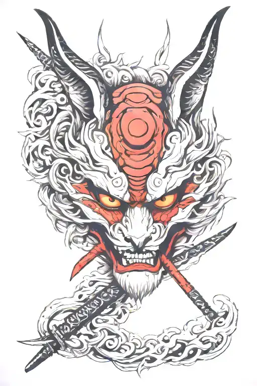 oni kitsune mask katana tattoo design idea