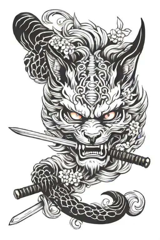 oni kitsune mask katana tattoo design idea