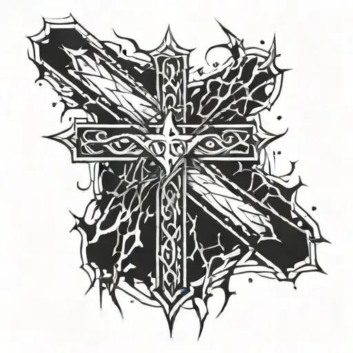 a sleeve starting at shoulder of glass shattered with a cross in it tattoo design idea
