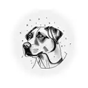 black labrador dog face with background of mountains, a valley, and a seagull tattoo design idea