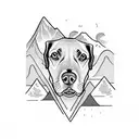 black labrador dog face with background of mountains, a valley, and a seagull tattoo design idea