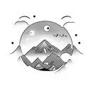 black labrador dog face with background of mountains, a valley, and a seagull tattoo design idea