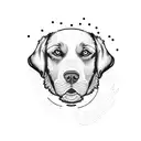 black labrador dog face with background of mountains, a valley, and a seagull tattoo design idea