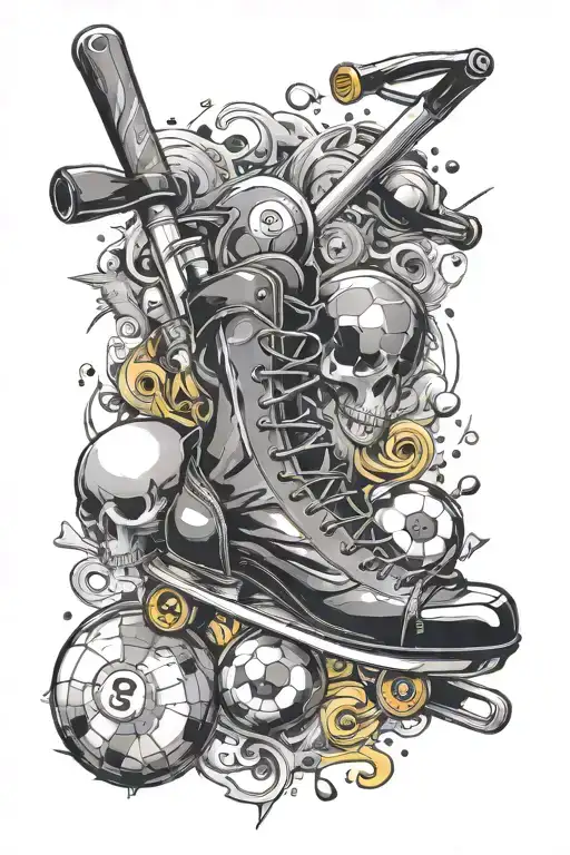 8-ball, pool stick,  soccer, roller skates, unicycle, tennis, snow skiing, Harley, tattoo design idea