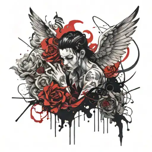 Angel demon evil good time flowers blood tattoo design idea