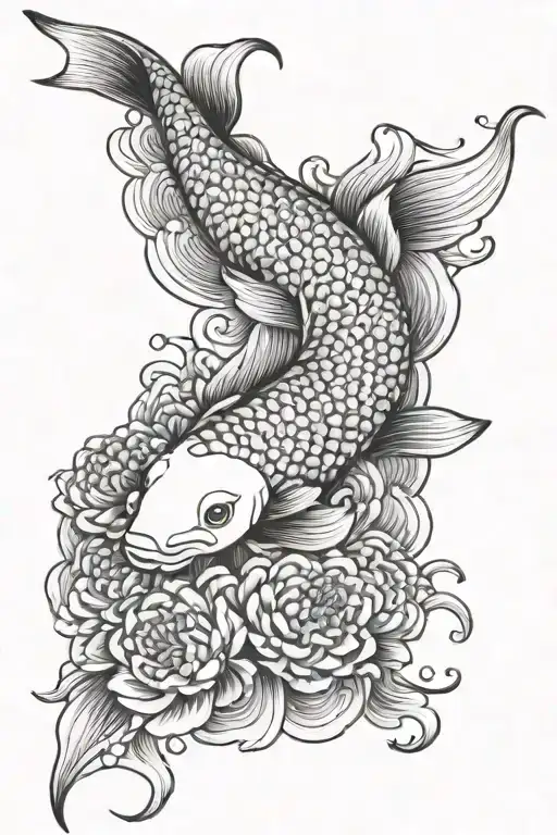 koi fish swimming with chrysanthemum flowers and Japanese waves tattoo design idea