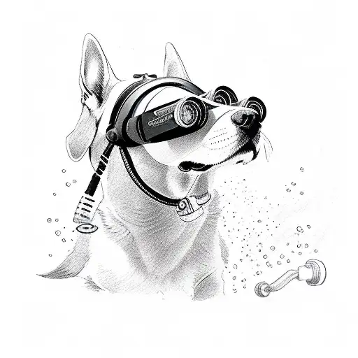 “silhouette profile of a dog swimming with diving goggles and fins tattoo design idea