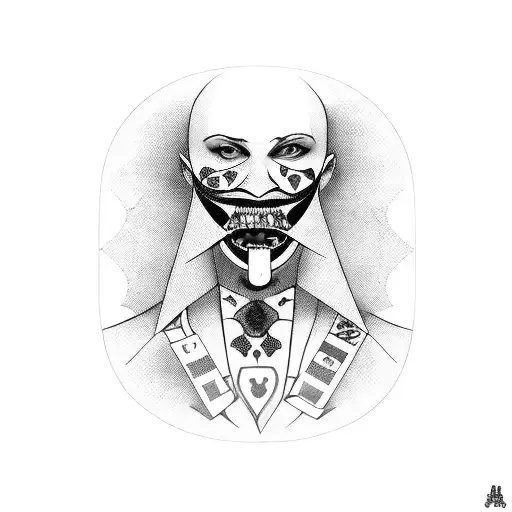 Harlequin with cards and sewn mouth tattoo design idea