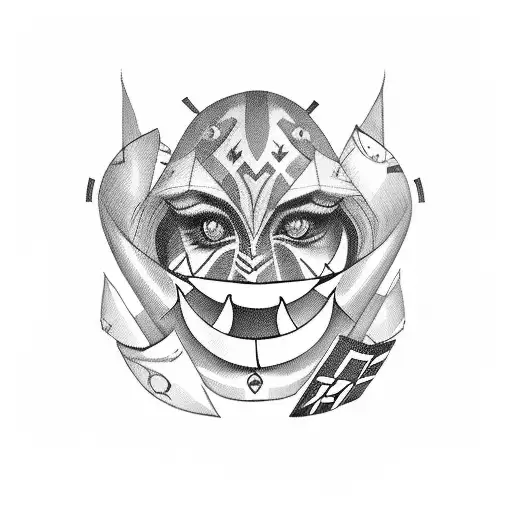 Harlequin with cards and sewn mouth tattoo design idea