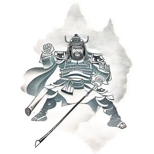 a decal for a tattoo on the leg, with a samurai face in the oriental realistic style with few colors tattoo design idea