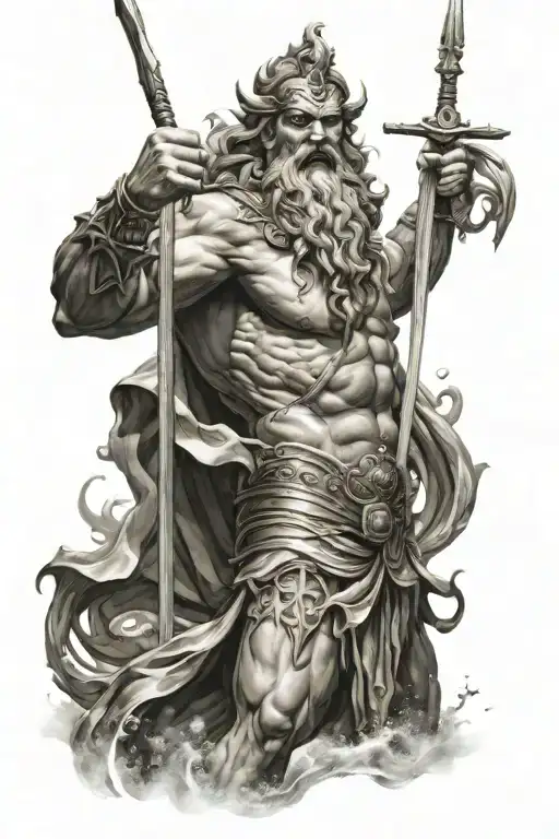 Poseidon came out of the sea angrily. He has a spear in his hand. His body is big compared to humans. fighting with a sh tattoo design idea