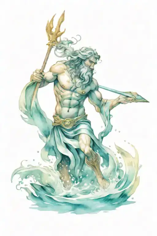 Poseidon came out of the sea angrily. He has a spear in his hand. His body is big compared to humans. fighting with a sh tattoo design idea