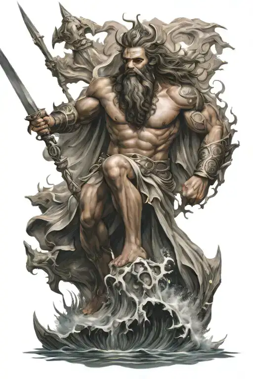 Poseidon came out of the sea angrily. He has a spear in his hand. His body is big compared to humans. fighting with a sh tattoo design idea
