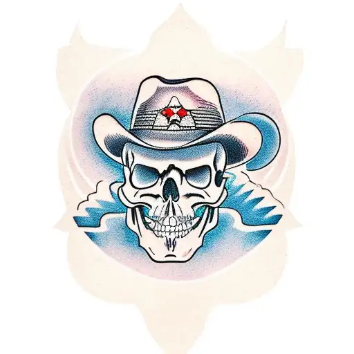 A traditional tattoo of a skull wearing a cowboy hat, strumming a guitar in outer space tattoo design idea