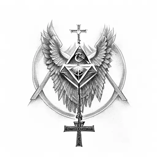 masonic symbol with a catholic cross and an angel with big wings and male body  tattoo design idea