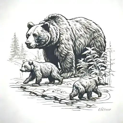 bear and cubs walking tattoo design idea
