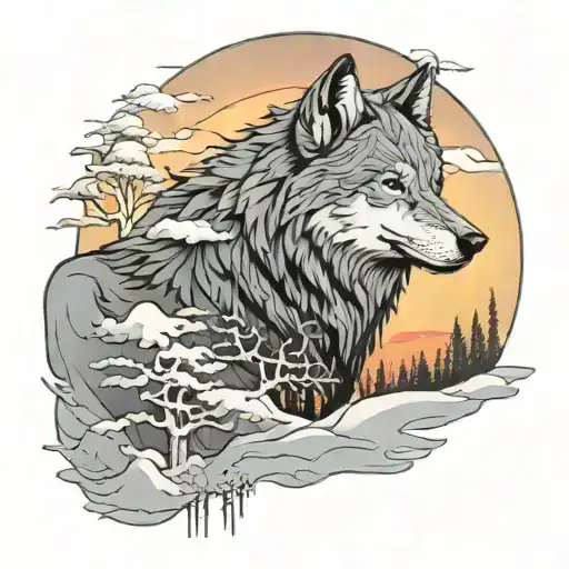 house stark wolf with snow and trees colors sunset tattoo design idea