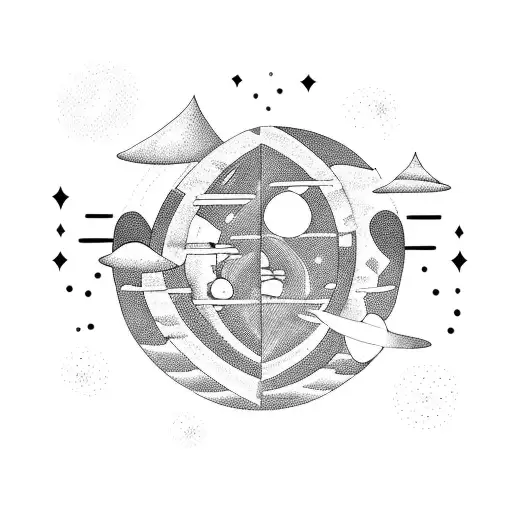 A blackwork tattoo of a triathlete conquering an obstacle course with planets and stars as obstacles tattoo design idea