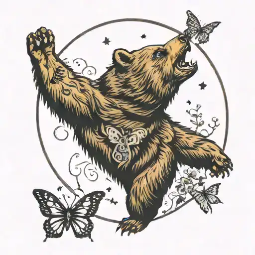 A bear standing on its hind legs howling at the moon surrounded by butterflies tattoo design idea