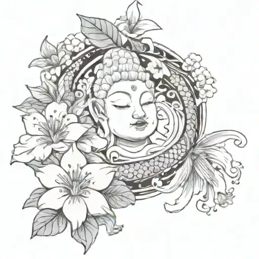 koi fish & hibuscus flower with buddha women face tattoo design idea