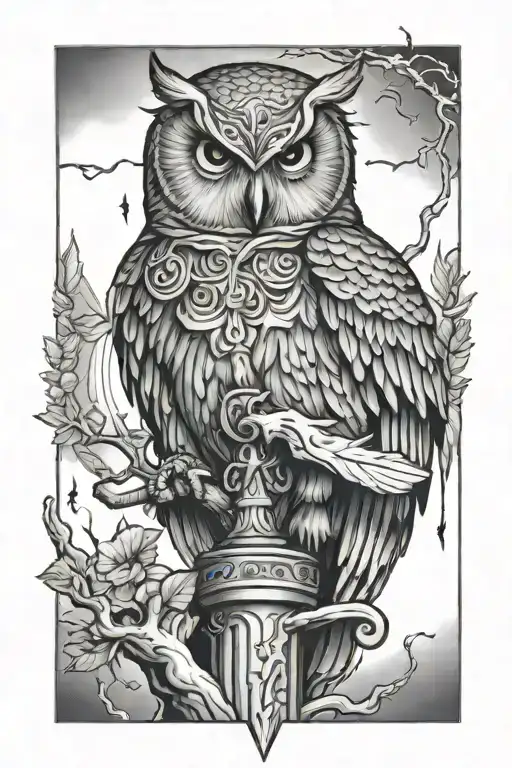 Athena goddess lightning bolt and owl perched tattoo design idea