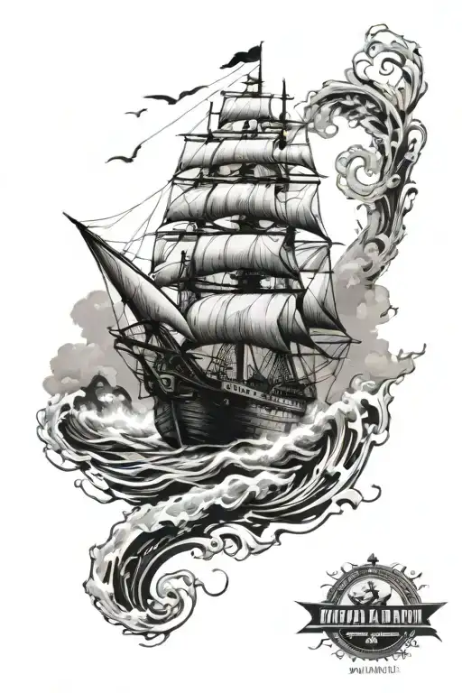 Get a realistic style tattoo from the wrist to the elbow, with the image of a ship and waves around it tattoo design idea