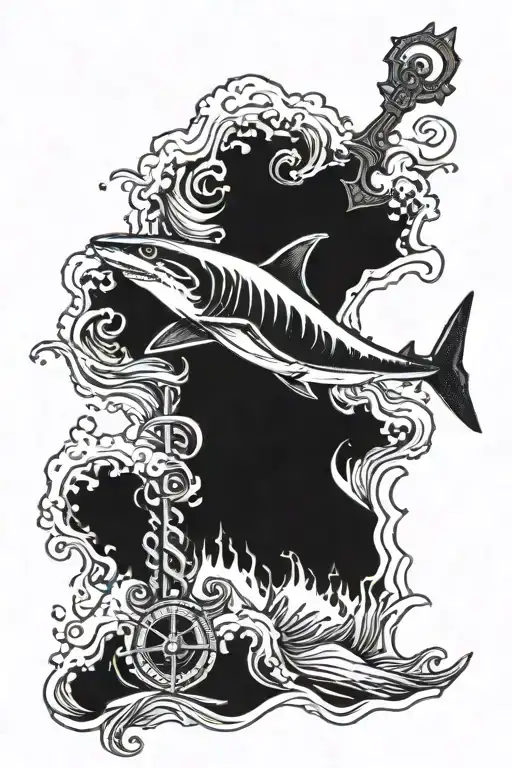 Shark and sea waves crashing in the background anchor and map tattoo design idea
