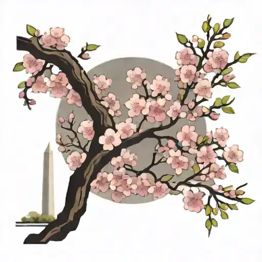 washington monument framed with cherry blossom flowers on branches, under the monument should be the reflection pool and tattoo design idea