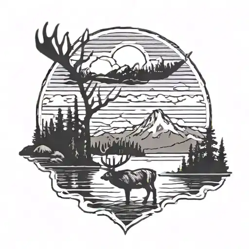 Mountains, lake, elk, b-2 bomber silhouette tattoo design idea
