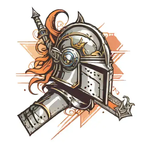 knight in closed helmet with sword in abstract lines and armor tattoo design idea