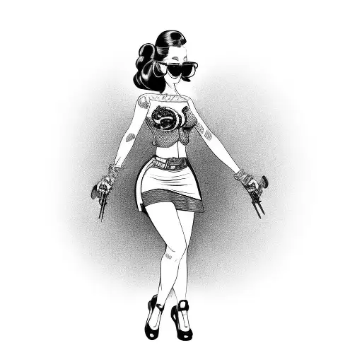 motorbike with pin up girl wearing skirt and blouse with black hair and glasses tattoo design idea