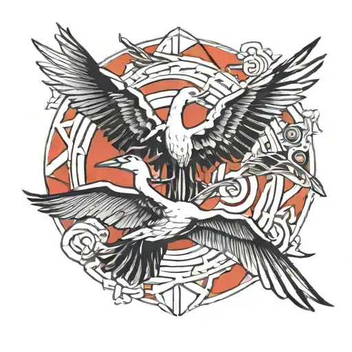 Fan two cranes flying with red sun tattoo design idea