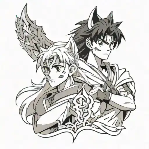 half face of gojo and half face of inuyasha  tattoo design idea