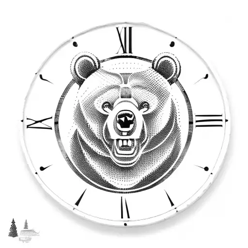 A wooden carved bear holding a clock with the date December 20th, 1945 in roman numerals tattoo design idea