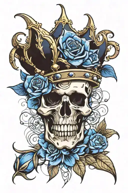 crown on hand connected to a blue rose in the shoulder by thorns and the blue rose is surrounded by blue spiderlily  tattoo design idea