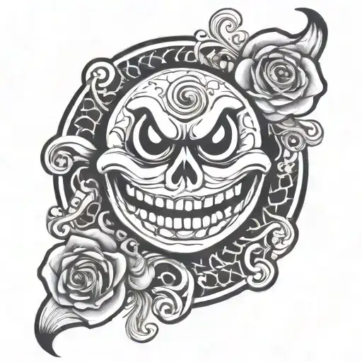 Evil smiley face morphing skull tattoo design idea