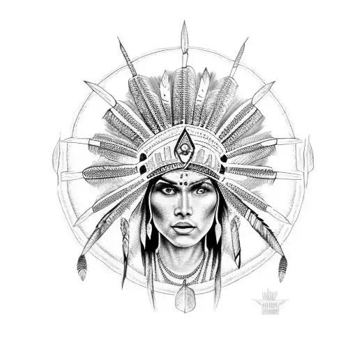 Intricate dotwork design of a Cherokee Indian headdress with a crown incorporated tattoo design idea