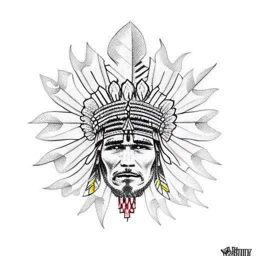 Intricate dotwork design of a Cherokee Indian headdress with a crown incorporated tattoo design idea