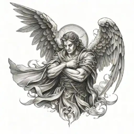 A guardian angel tattoo inspired by martial arts movements, with elements of black-grey shading tattoo design idea