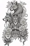 hindu god, hindu devil, rose, fox, and a dead poet in a jungle tattoo design idea